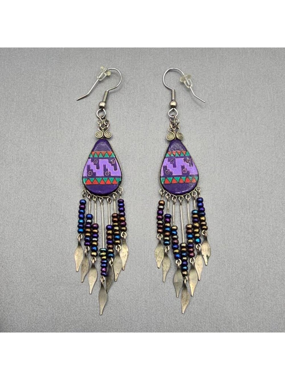 VTG Southwestern Dangle Earrings 3.75" Purple Beaded Fringe Aztec Boho Tribal